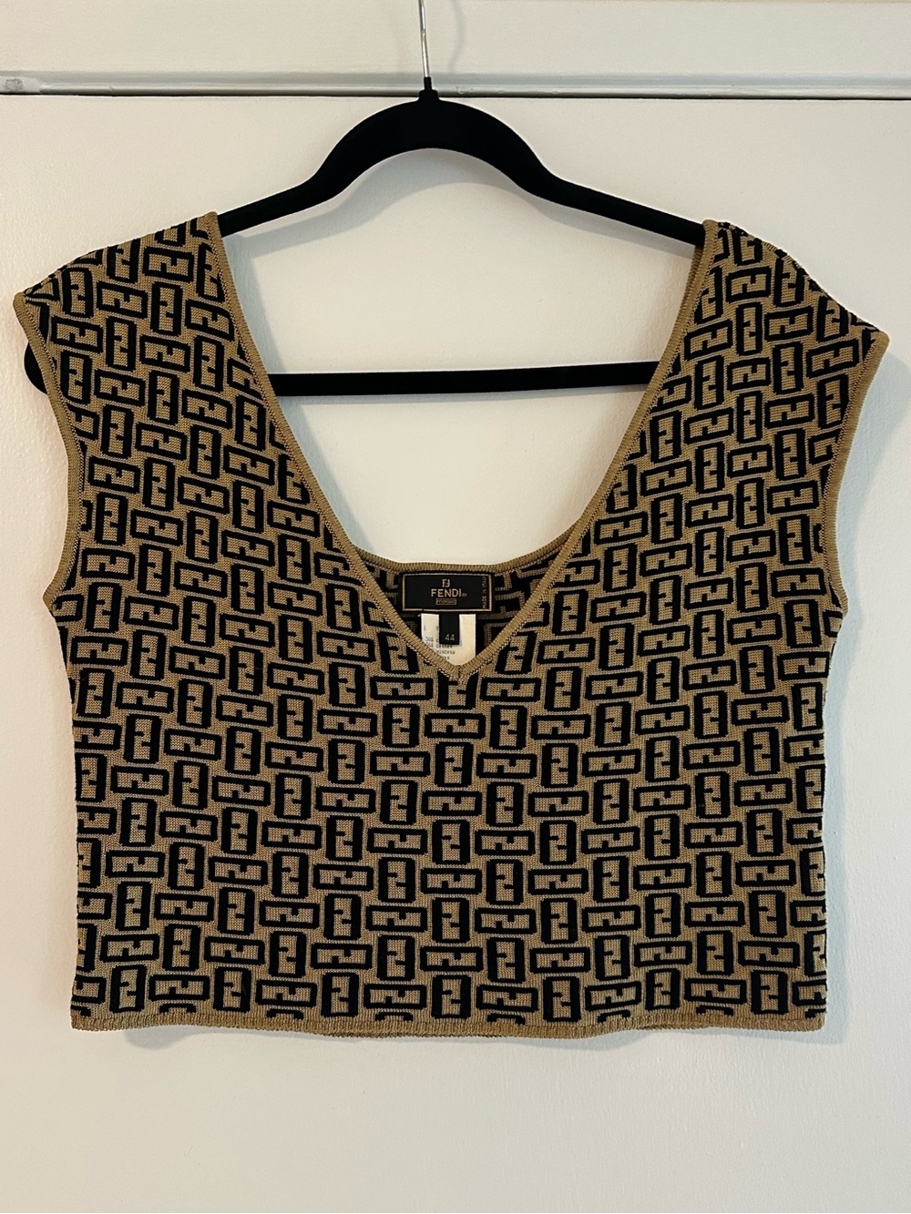 Fendi Beige & Black FF Logo Knit Crop Top